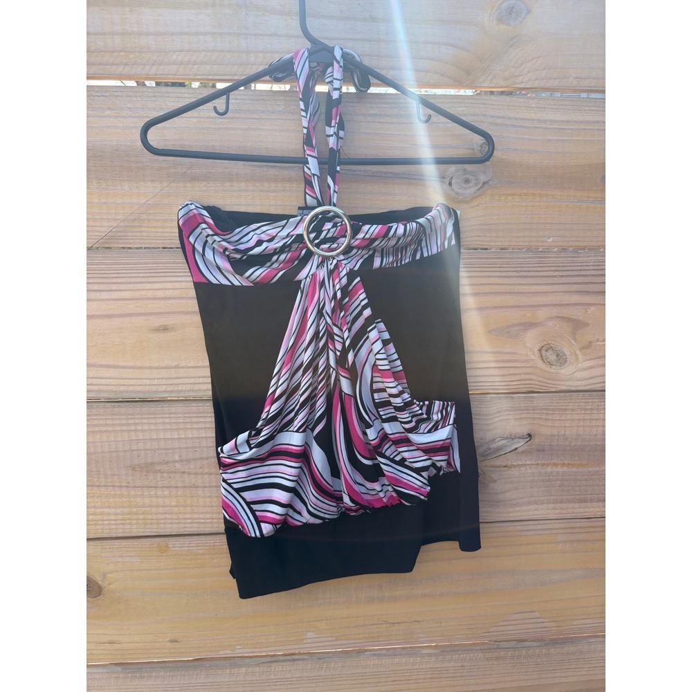 Gidani USA Y2K Pink Black Abstract Stripe O-Ring Halter Top Size L Style 7935